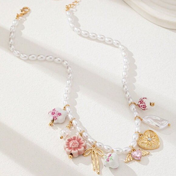 Multicolor Boho Women's Handmade Ceramic Flower Tea Cup Beaded Necklace - Picture 2 of 4